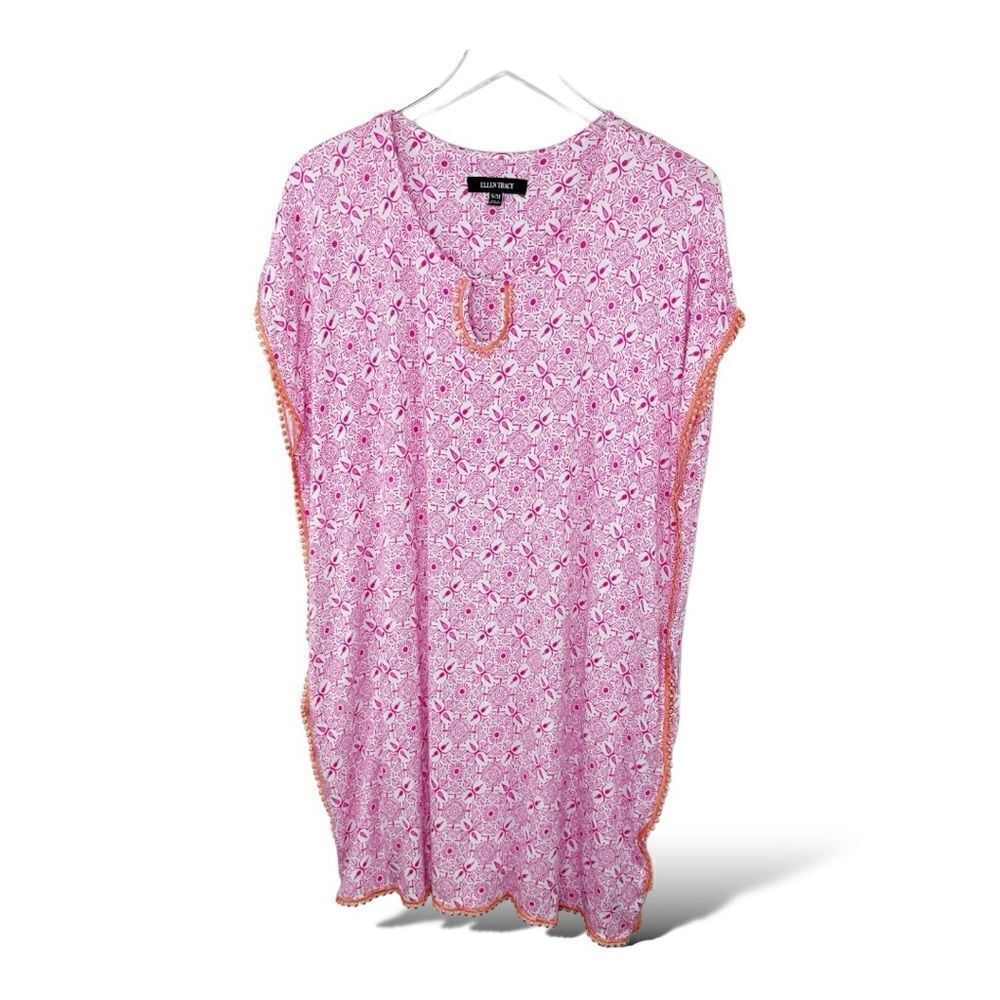 Ellen Tracy Pink/White Tunic/Swim Suit Cover up Orange Dot Trim Pockets Sz Small
